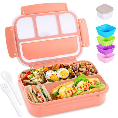 Picture of Bento Box Adult Lunch Box, Lunch Containers for Kids Girls Boys with 4 Compartments, Lunchable Food Container with Utensils, Sauce Jar, Muffin Liners, 40 Oz/5 Cup, Microwave & Dishwasher Safe, Pink