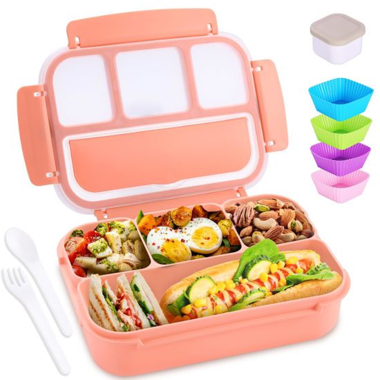 Picture of Bento Box Adult Lunch Box, Lunch Containers for Kids Girls Boys with 4 Compartments, Lunchable Food Container with Utensils, Sauce Jar, Muffin Liners, 40 Oz/5 Cup, Microwave & Dishwasher Safe, Pink