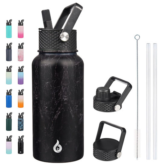 Picture of BJPKPK Insulated Water Bottles with Straw Lid, 27oz Stainless Steel Water Bottle with 3 Lids, Leak Proof BPA Free Metal Thermos Mug, Sports Water Bottle Keep Cold & Hot-Midnight