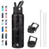 Picture of BJPKPK Insulated Water Bottles with Straw Lid, 40oz Large Water Bottle, Stainless Steel Metal Water Bottle with 3 Lids, Reusable Thermos Bottle, Cold & Hot Water Bottle for Sports, Gym-Midnight