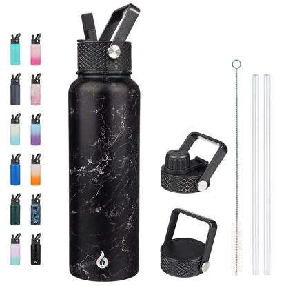 Picture of BJPKPK Insulated Water Bottles with Straw Lid, 40oz Large Water Bottle, Stainless Steel Metal Water Bottle with 3 Lids, Reusable Thermos Bottle, Cold & Hot Water Bottle for Sports, Gym-Midnight