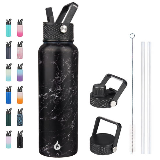 Picture of BJPKPK Insulated Water Bottles with Straw Lid, 40oz Large Water Bottle, Stainless Steel Metal Water Bottle with 3 Lids, Reusable Thermos Bottle, Cold & Hot Water Bottle for Sports, Gym-Midnight