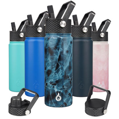 Picture of BJPKPK Insulated Water Bottles with Straw Lid, 22oz Cold & Hot Water Bottle, Stainless Steel Metal Water Bottle with 3 Lids, Reusable Thermos, Cups, Mugs for Daily Water Intake-Ocean
