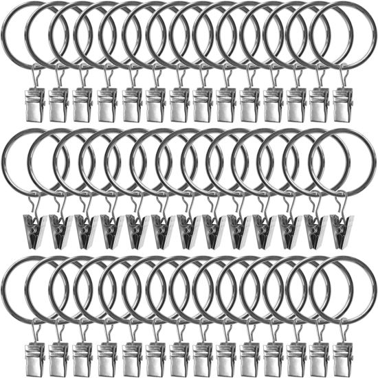 Picture of AMZSEVEN 40 Pack Curtain Rings with Clips, Drapery Clips with Rings, Drapes Rings 1.26 in Interior Diameter, Fits up to 1 Inch Curtain Rod, Silver