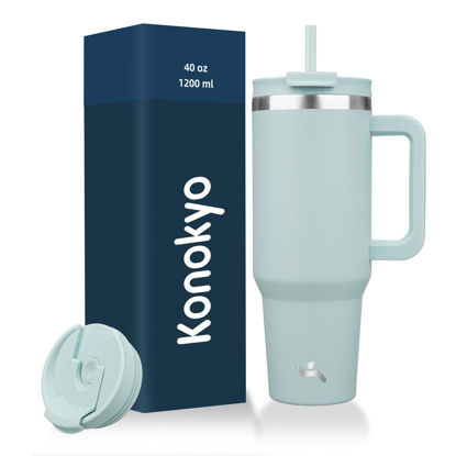 Picture of Konokyo 40 oz Tumbler with Handle and 2 Straws,2 in 1 Lid Insulated Water Bottle Stainless Steel Travel Coffee Mug,Blue Haze