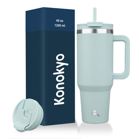Picture of Konokyo 40 oz Tumbler with Handle and 2 Straws,2 in 1 Lid Insulated Water Bottle Stainless Steel Travel Coffee Mug,Blue Haze