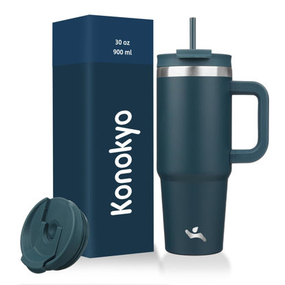 Picture of Konokyo 30 oz Tumbler with Handle and 2 Straws,2 in 1 Lid Insulated Water Bottle Stainless Steel Travel Coffee Mug,Navy blue
