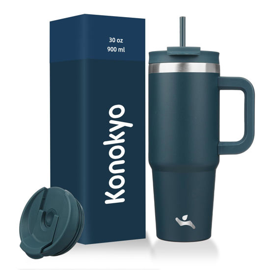Picture of Konokyo 30 oz Tumbler with Handle and 2 Straws,2 in 1 Lid Insulated Water Bottle Stainless Steel Travel Coffee Mug,Navy blue