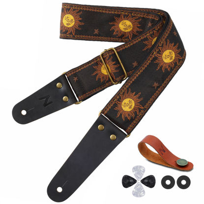 Picture of Nefelibata Guitar Strap, Sun Embroidered Cotton Guitar Strap with Head Cowhide Leather Ends for Bass, Electric and Acoustic Guitars, Free Strap Button, 1 Pair of Strap Locks and 4 Guitar Picks