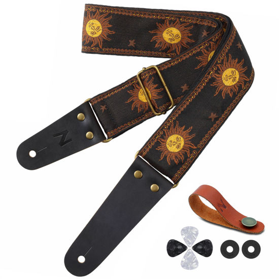 Picture of Nefelibata Guitar Strap, Sun Embroidered Cotton Guitar Strap with Head Cowhide Leather Ends for Bass, Electric and Acoustic Guitars, Free Strap Button, 1 Pair of Strap Locks and 4 Guitar Picks