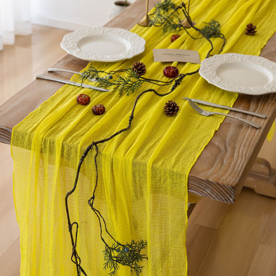 Picture of Keketo 6pcs Yellow Gauze Rustic Cheesecloth Table Runner 120 Inch 10 FT for Wedding Baby Shower Bridal Shower Birthday Engagement Garden Outdoor Party Long Sheer Boho Decorations