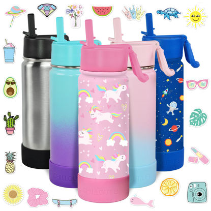 Picture of CHILLOUT LIFE 17 oz Kids Insulated Water Bottle for School with Straw Lid Leakproof and Cute Waterproof Stickers, Personalized Stainless Steel Thermos Flask Metal Water Bottle, Pink Unicorn