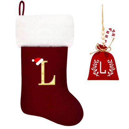 Picture of Eoocan 20 Inches Monogram Christmas Stockings Wine Red Velvet with White Super Soft Plush Cuff Embroidered Stockings Classic Personalized Stocking Decorations for Family Holiday Season Decor(Letter L)
