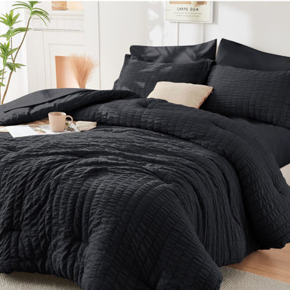Picture of HYMOKEGE Black Full Size Comforter Sets Seersucker 7 Pieces, All Season Luxury Bed in a Bag for Bedroom, Bedding Set with Comforters, Sheets, Pillowcases & Shams