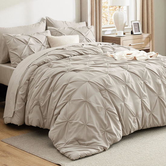 Picture of Bedsure California King Comforter Set - Cal King Bed Set 7 Pieces, Pinch Pleat Beige Cali King Bedding Set with Comforter, Sheets, Pillowcases & Shams