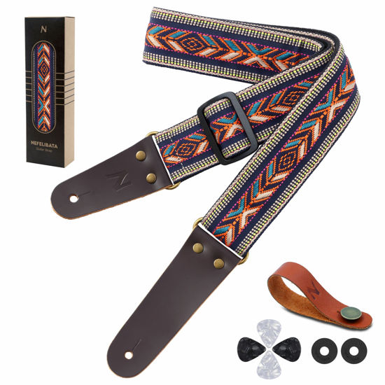 Picture of Nefelibata Guitar Strap, Vintage Cotton Guitar Straps with Genuine Leather Ends for Bass, Electric & Acoustic Guitars, Free Strap Button, 1 Pair Strap Locks and 4 Guitar Picks