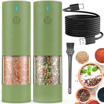 Picture of 2Pack Electric Salt and Pepper Grinder Set USB Rechargeable with Warm LED Light, Adjustable Coarseness Lidaop Large Capacity Automatic Salt Pepper Mill Grinder for Kitchen, Restaurant, Outdoor, Green
