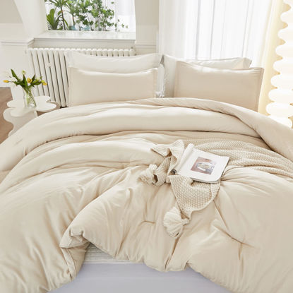 Picture of Litanika Queen Comforter Set Beige, 3 Pieces Lightweight Fluffy Solid Bedding Comforter Set, Down Alternative Comforter All Season Bed Set Gift Choice