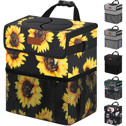 Picture of Vankor Cute Trash Can for Automotive Car, Trash Bag Bin Hanging Waterproof Leak Proof Vehicle Garbage Cans Sunflower