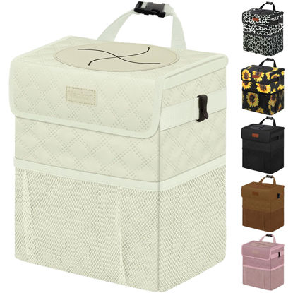 Picture of Vankor Car Trash Can for Car Cute, Car Trash Bag Bin Hanging Waterproof Automotive Car Garbage Cans Leak Proof Vehicle Trash Can Diamond Pattern-Beige