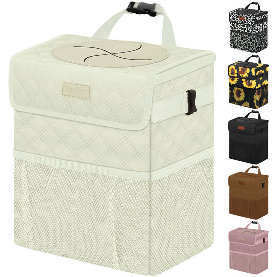 Picture of Vankor Car Trash Can for Car Cute, Car Trash Bag Bin Hanging Waterproof Automotive Car Garbage Cans Leak Proof Vehicle Trash Can Diamond Pattern-Beige