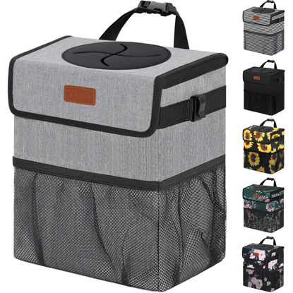Picture of Vankor 3 Gallons Car Trash Can with Lid, Car Trash Bag Bin Hanging Waterproof Automotive Car Garbage Cans Leak Proof Vehicle Trash Can Grey