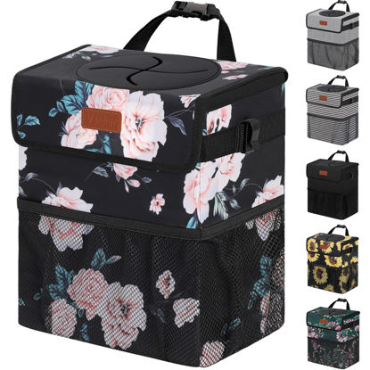Picture of Vankor 3 Gallons Car Trash Can with Lid, Car Trash Bag Bin Hanging Waterproof Automotive Car Garbage Cans Leak Proof Vehicle Trash Can Black Floral
