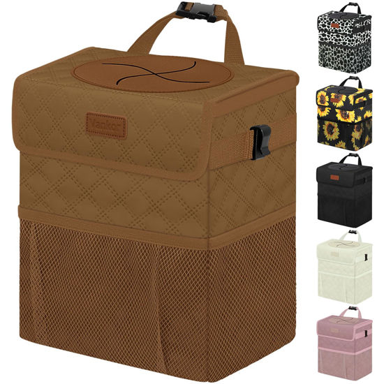 Picture of Vankor Car Trash Can for Car Cute, Car Trash Bag Bin Hanging Waterproof Automotive Car Garbage Cans Leak Proof Vehicle Trash Can Diamond Pattern-Brown
