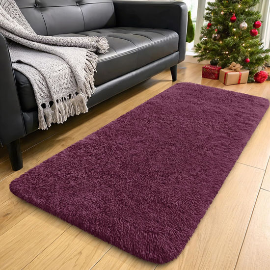Picture of OLANLY 2x4 Machine Washable Runner Rugs for Hallway, Soft Fluffy Shaggy Bedside Rugs for Bedroom, Living Room, Indoor Floor Carpet for Kids Girls Boys, Nursery Rooms, Home Decor Aesthetic, Burgundy