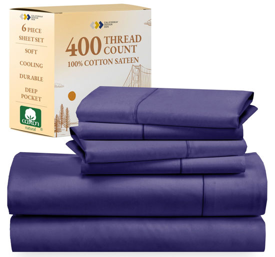 Picture of California Design Den 6-Pc Queen Size Sheet Set with 4 Pillowcases - 400 Thread Count 100% Cotton Sheets, Cooling Sateen Weave, Luxury Deep Pocket Bedsheets Set - Dark Purple