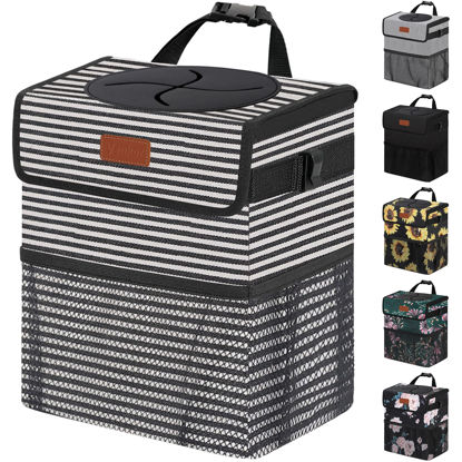 Picture of Vankor 3 Gallons Car Trash Can with Lid, Car Trash Bag Bin Hanging Waterproof Automotive Car Garbage Cans Leak Proof Vehicle Trash Can Stripe