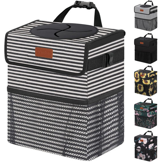 Picture of Vankor 3 Gallons Car Trash Can with Lid, Car Trash Bag Bin Hanging Waterproof Automotive Car Garbage Cans Leak Proof Vehicle Trash Can Stripe