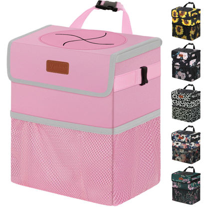 Picture of Vankor 3 Gallons Car Trash Can with Lid, Car Trash Bag Bin Hanging Waterproof Automotive Car Garbage Cans Leak Proof Vehicle Trash Can Pink