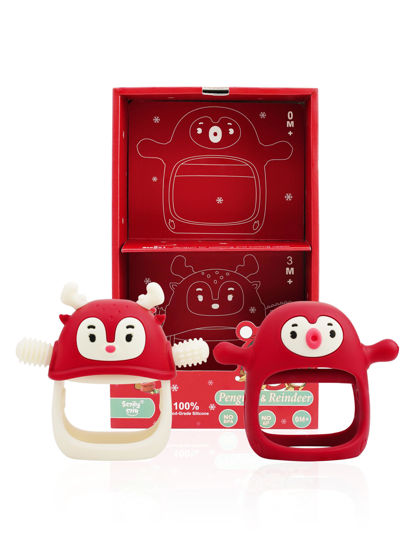 Picture of Baby Christmas Stocking Stuffers-Smily Mia Penguin Buddy and Reindeer 2 in 1 Christmas Gift/Toy Set for 0-12 Months Teething Babies, Teeting Mittens For Babies, Infant Christmas Gift Box-Christmas Red