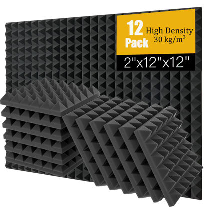 Picture of Acoustic Foam Panels 12 Pack 2" x 12"x 12" Pyramid Saiqiang Sound Panels Noise Reducing for Walls Black Soundproof Foam Absorbing Fire-Resistant Soundproofing High Density for Studio, Gaming Room