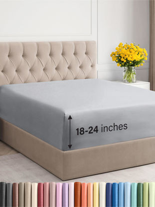 Picture of Extra Deep Queen Fitted Sheet - Hotel Luxury Single Fitted Sheet Only - Easily Fits 18 inch to 24 inch Mattress - Soft, Wrinkle Free, Breathable and Comfy - Extra Deep Pockets Steel Blue Fitted Sheet
