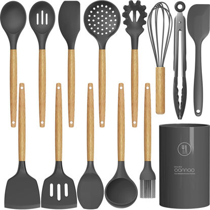 Picture of Silicone Cooking Utensils Kitchen Utensil Set - 446°F Heat Resistant Silicone Kitchen Utensils Set, Spatula,Turner Tongs, Spoon, Brush, Whisk,Kitchen Gadgets for Nonstick Cookware, BPA Free (Gray)