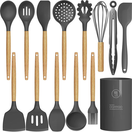 Picture of Silicone Cooking Utensils Kitchen Utensil Set - 446°F Heat Resistant Silicone Kitchen Utensils Set, Spatula,Turner Tongs, Spoon, Brush, Whisk,Kitchen Gadgets for Nonstick Cookware, BPA Free (Gray)