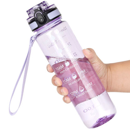 Picture of OLDLEY Water Bottles, 32oz Motivational Sports Water Bottle with Time Marker - Times to Drink - Tritan, BPA Free, Wide Mouth Leakproof,Clear Purple (1 Pack)
