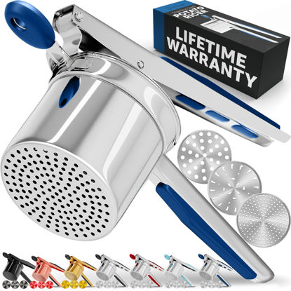 Picture of PriorityChef Large 15oz Potato Ricer With 3 Discs, Heavy Duty Stainless Steel Potato Ricer for Mashed Potatoes, Potato Masher, Press and Ricer Kitchen Tool, Blue