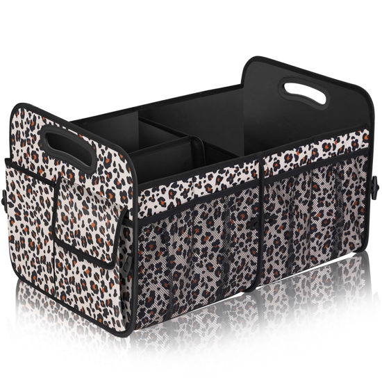 Picture of Femuar Car Trunk Organizer, Large Capacity Collapsible Trunk Storage with 11 Pockets, Waterproof, Non-Slip, Suitable for Car, SUV, Truck, Van, Jeep, Sedan, Leopard Print