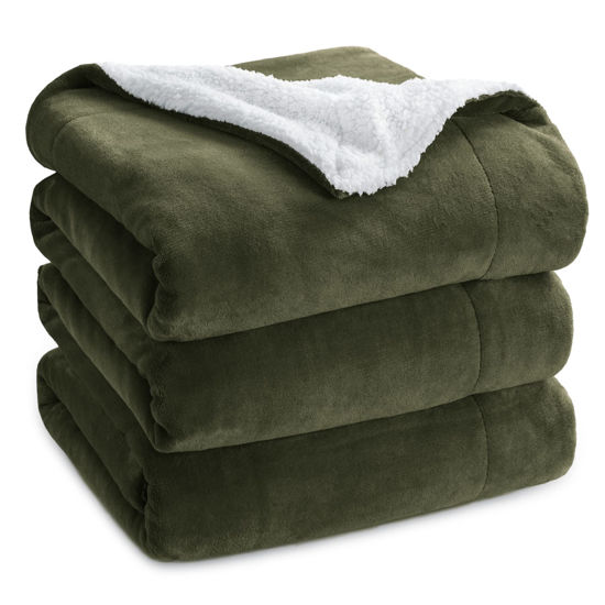 Picture of Bedsure Sherpa Fleece Blankets King Size for Bed - Thick and Warm, Soft Fuzzy Plush King Blanket for Winter, Olive Green, 108x90 Inches