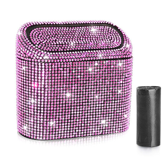 Picture of Accmor Bling Car Trash Can with Lid, Vehicle Trash Bin Car Dustbin Garbage Organizer Storage, Sparkling Crystal Mini Auto Trash Bags Holder Container with 30pcs Garbage Bags for Cars, SUV, Truck