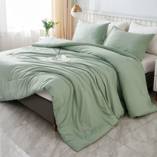 Picture of Litanika Oversized Queen Comforter Set, 3 Pieces Sage Green Lightweight Solid Bedding Comforter Set, All Season Fluffy Bed Set (98x98In Comforter & 2 Pillowcases)