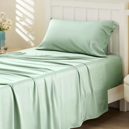 Picture of Bedsure Twin XL Sheet Set Dorm Bedding, Cooling Sheets Twin Extra Long Sheets, Rayon Derived from Bamboo, Deep Pocket Up to 16", Hotel Luxury Silky Bedding Sheets & Pillowcases, Sage Green