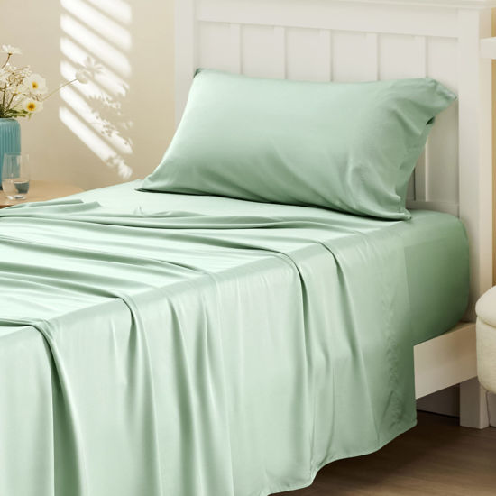 Picture of Bedsure Twin XL Sheet Set Dorm Bedding, Cooling Sheets Twin Extra Long Sheets, Rayon Derived from Bamboo, Deep Pocket Up to 16", Hotel Luxury Silky Bedding Sheets & Pillowcases, Sage Green