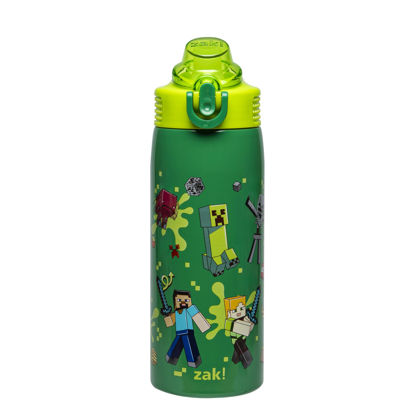 Picture of Zak Designs Minecraft Sage Kids Water Bottle For School or Travel, 19oz Stainless Steel Water Bottle With Straw, Handle, and Leak-Proof, Pop-Up Spout Cover (Steve, Alex, Mobs)