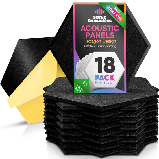Picture of Self-Adhesive 18 Pack Hexagon Acoustic Panels, 14" X 12" X 0.4" High Density Sound Absorbing Panels, Beveled Edge Sound Proof Treatment Tiles for Walls, Studio, Door, Home, Office (Black)