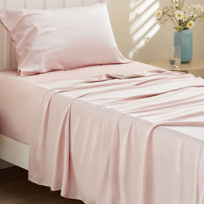 Picture of Bedsure Twin XL Sheet Set Dorm Bedding, Cooling Sheets Twin Extra Long Sheets, Rayon Derived from Bamboo, Deep Pocket Up to 16", Hotel Luxury Silky Bedding Sheets & Pillowcases, Pink