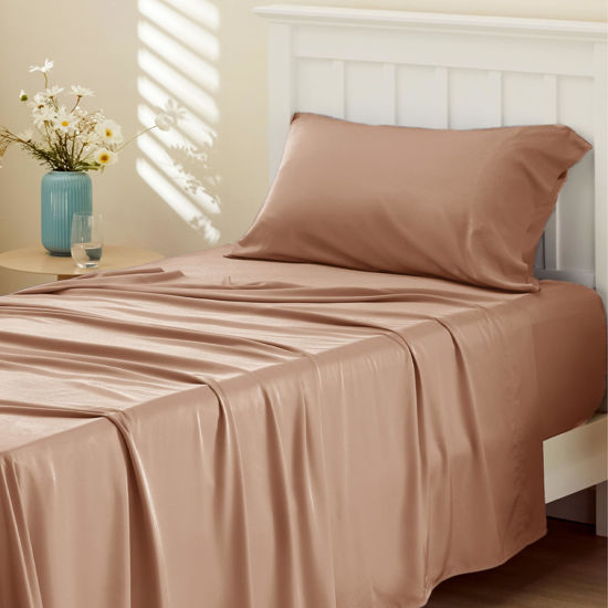Picture of Bedsure Twin Sheets Set, Cooling Sheets Twin Size Bed Set, Rayon Derived from Bamboo, Twin Size Sheets, Breathable & Soft Bed Sheets, Hotel Luxury Silky Bedding Sheets & Pillowcases, Taupe